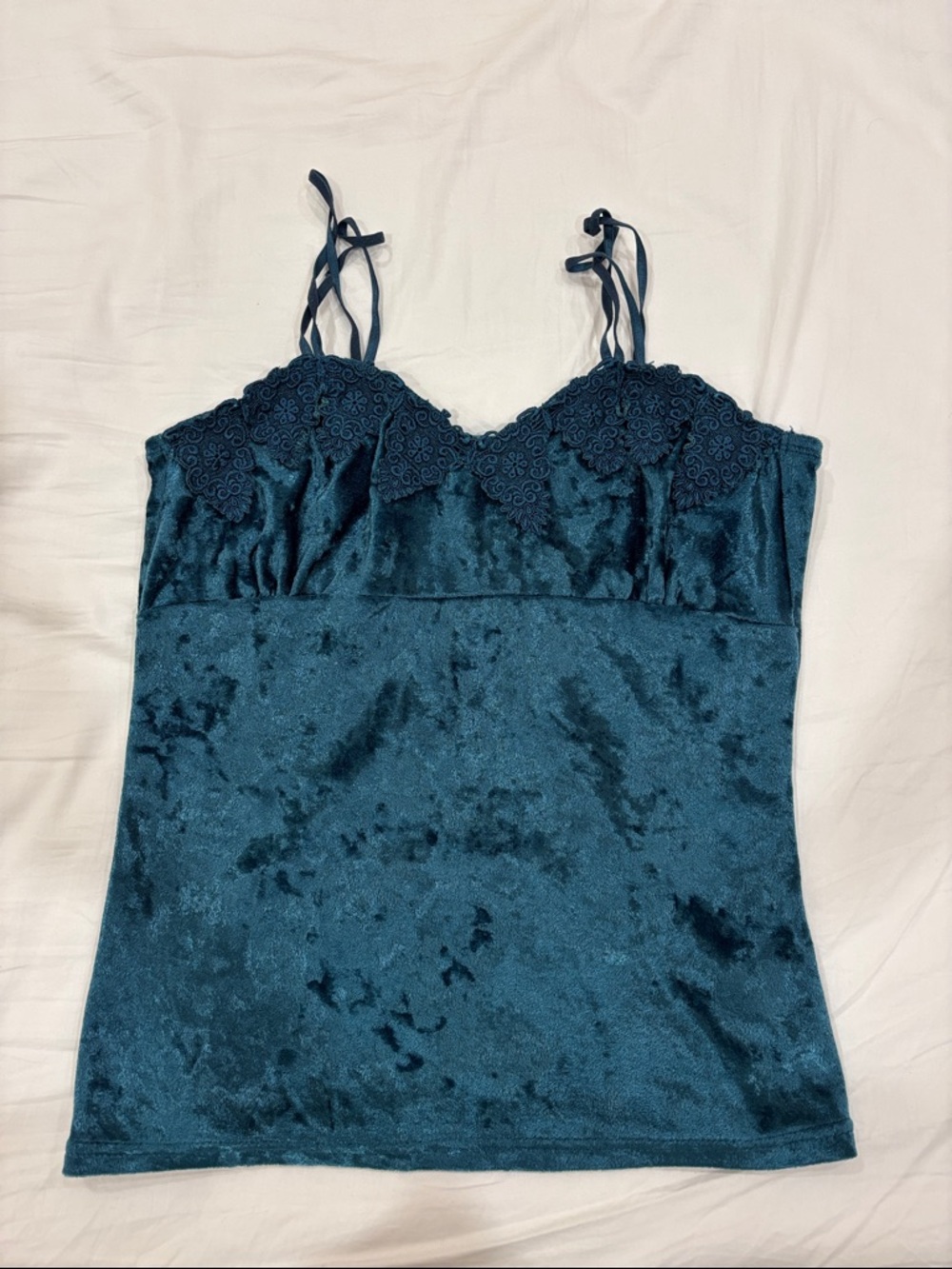 Women's Teal Velvet Lace-Trim Cami Tank Top